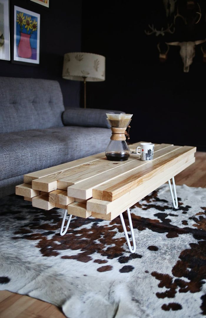 2x4 coffee table made from 2x4 wood with hairpin legs