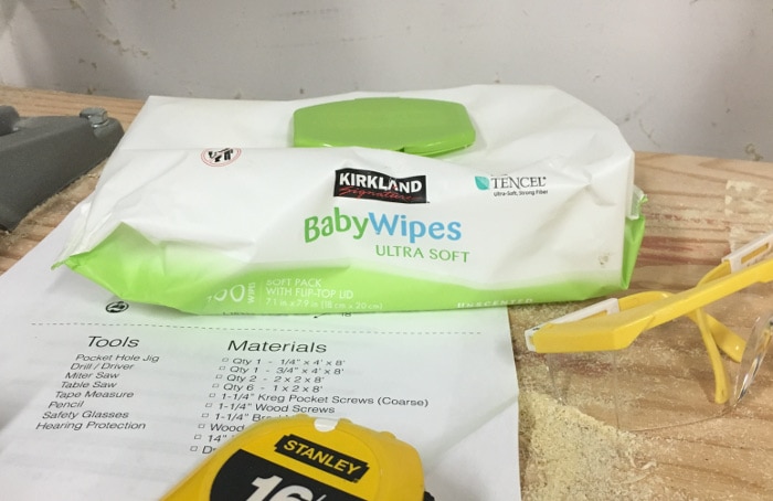 baby wipes on a workbench