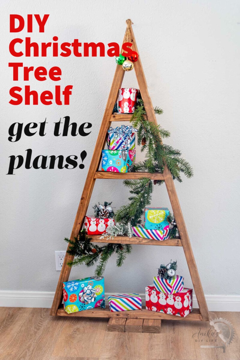 DIY Christmas tree shelf with gifts and faux greenery