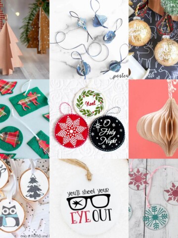 Image collage of nine Cricut Christmas ornaments