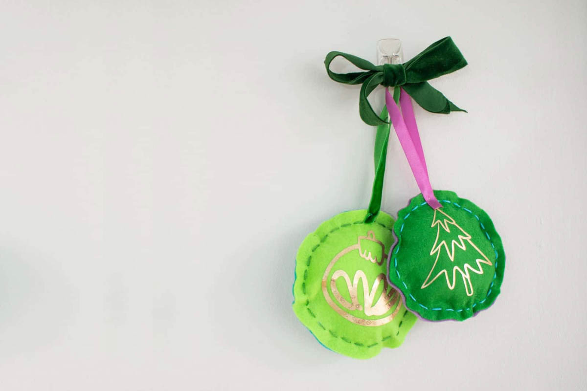 Light and dark green felt ornaments with iron-on vinyl tree and ornament shape