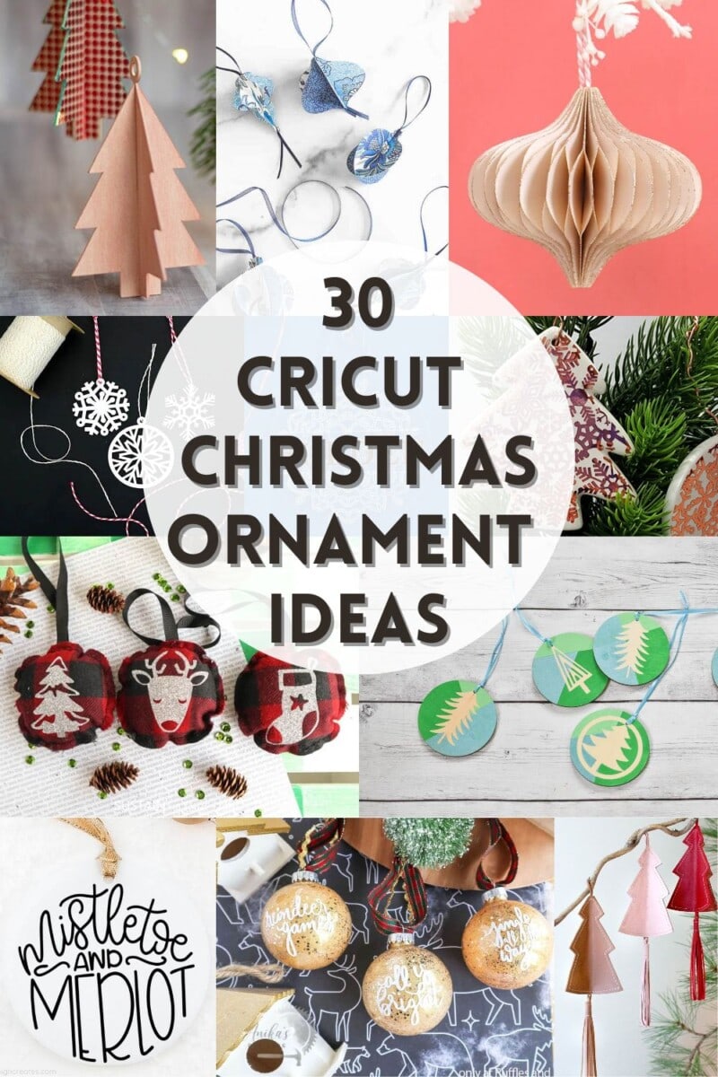 image collage of eleven Cricut Christmas ornaments you can make