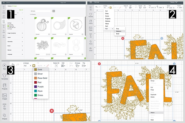 collage of screenshots showing how to set up Cricut Foil Transfer in Design Space