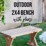 Outdoor DIY 2x4 bench in grass with text overlay.