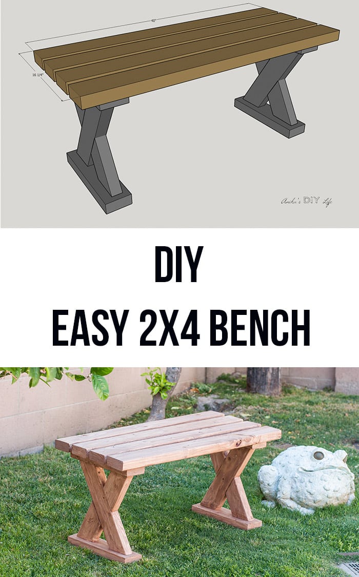Outdoor DIY 2x4 bench in grass, with schematic plans and text overlay.