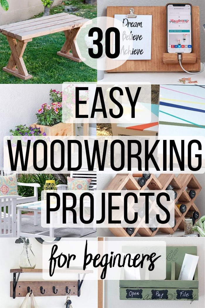 Collage of simple beginner woodworking projects with text overlay