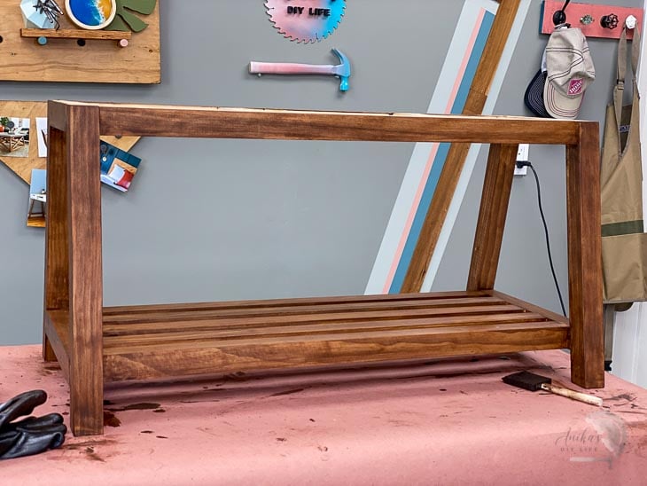 Stained DIY bench in workshop