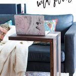 DIY C- table with casters in front of couch with laptop on it and text overlay