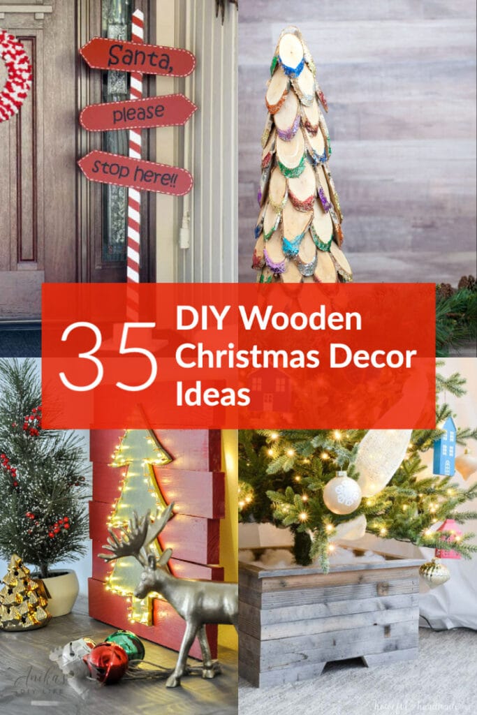 Collage of DIY wooden Christmas decorations with text overlay