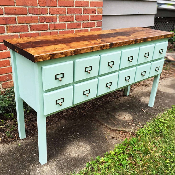 Green painted apothecary DIY console table
