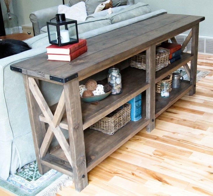 rustic style DIY console table with X details on the side and two shelves