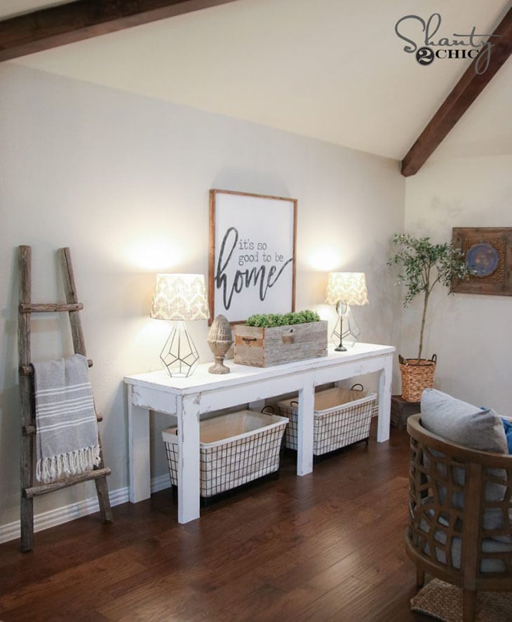 White painted farmhouse style DIY console table