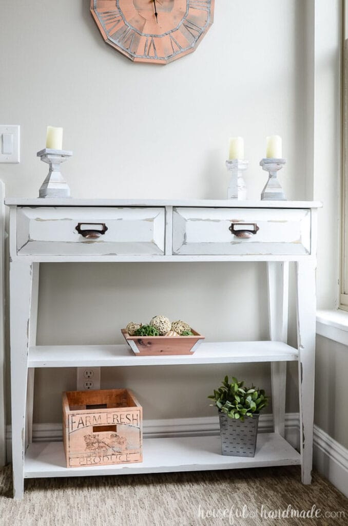 white distressed farmhouse DIY console table with two drawers and a bottom shelf