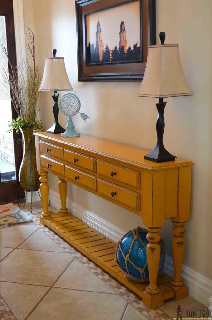 traditional style DIY console table with drawers and slatted bottom shelf
