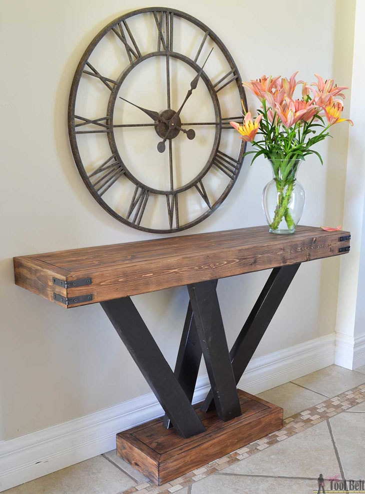 rustic industrial style DIY console table made with 2x4s and metal corner accents