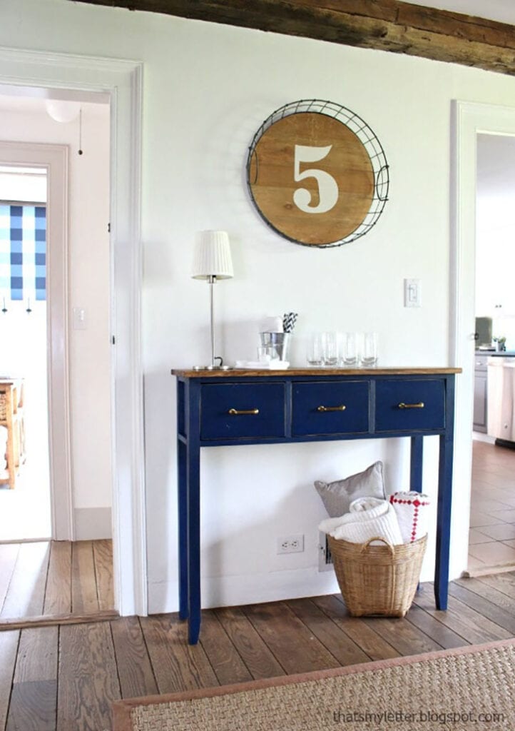 Blue painted DIY console table with 3 drawers
