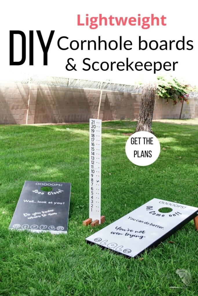 cornhole boards and scorekeeper in grass with text overlay