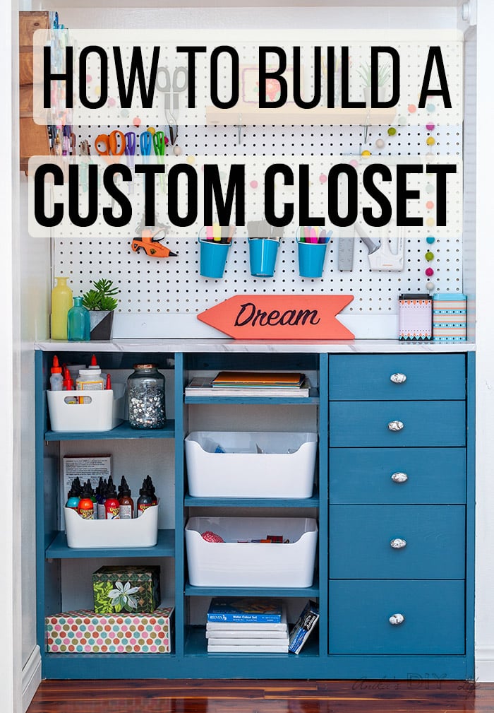 A DIY Custom Craft closet with drawers decorated with craft supplies 