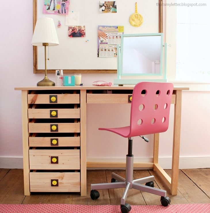 Vanity desk with 7 deep drawers and cute yellow drawer pulls