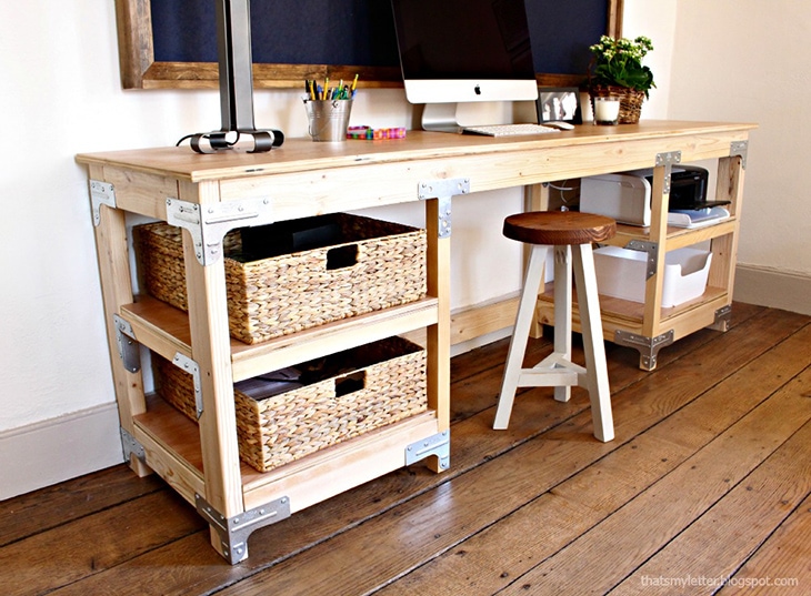 Industrial workbench inspired desk with open shelving and metal accents on the corners