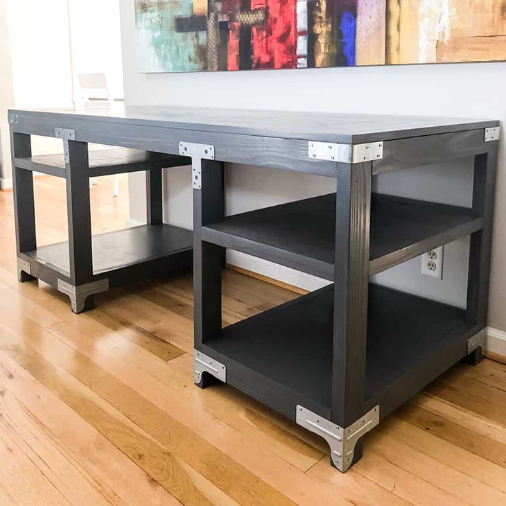 DIY industrial style desk with metal accents on the corners