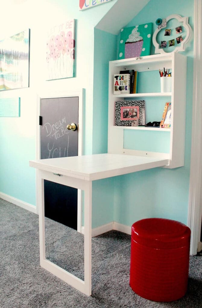 DIY white Murphy desk with shelves inside for storage