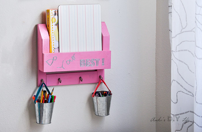 DIY Desk organizer with paper and buckets of pens and supplies