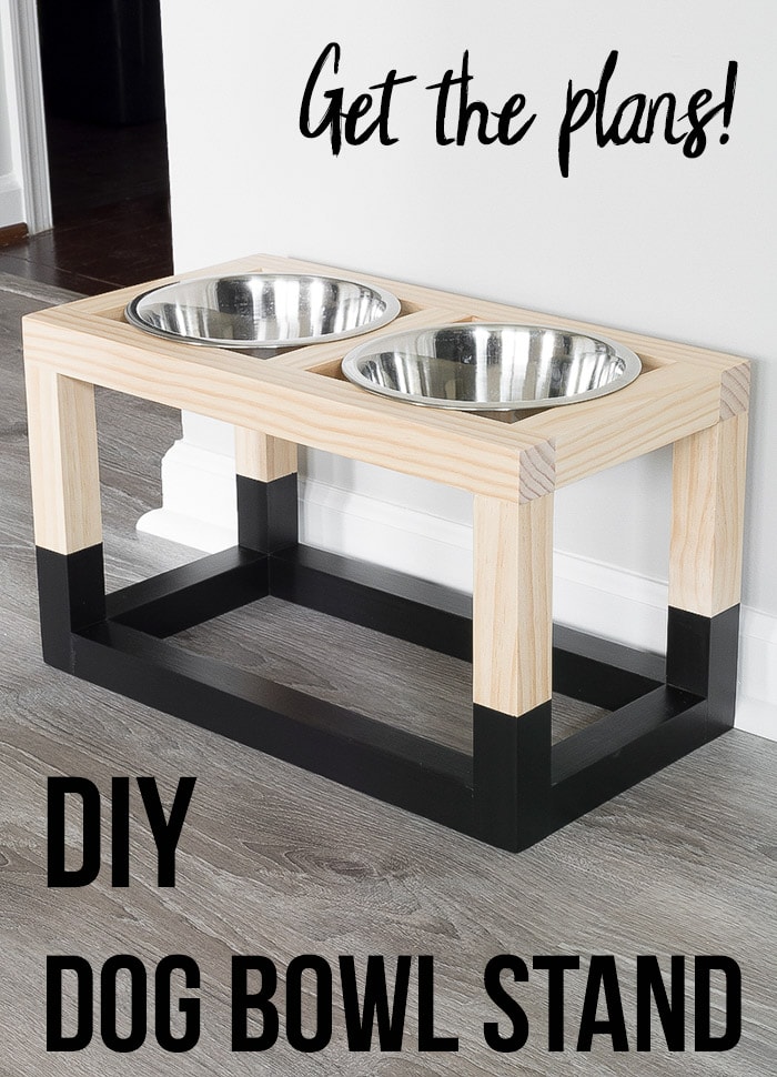 SImple DIY dog bowl stand with bottom painted black and text overlay.
