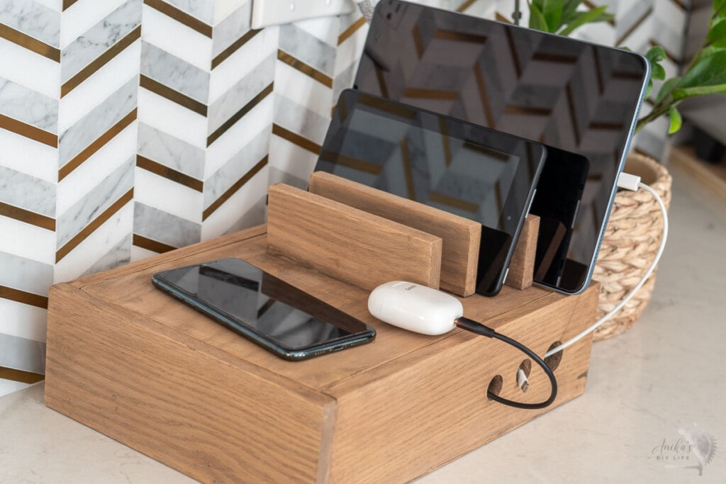wooden charging station with wireless charging and devices charging.