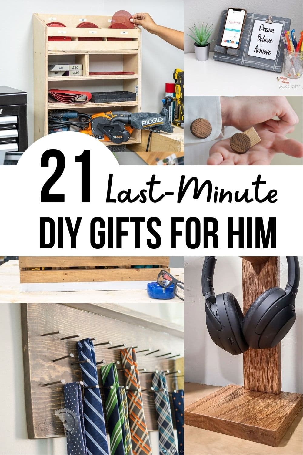 Image collage of 7 DIY gifts for him with text overlay