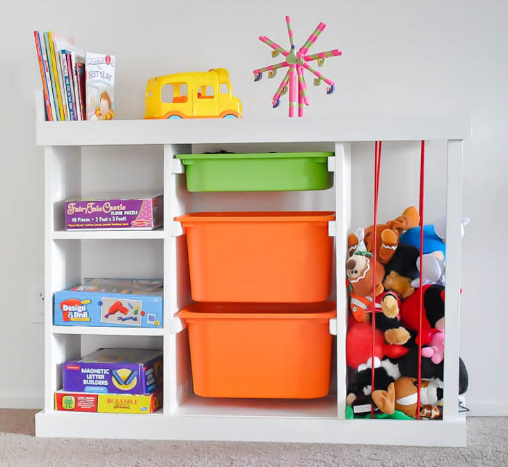 kids toy organizer with bins and shelves and stuffed animal holder