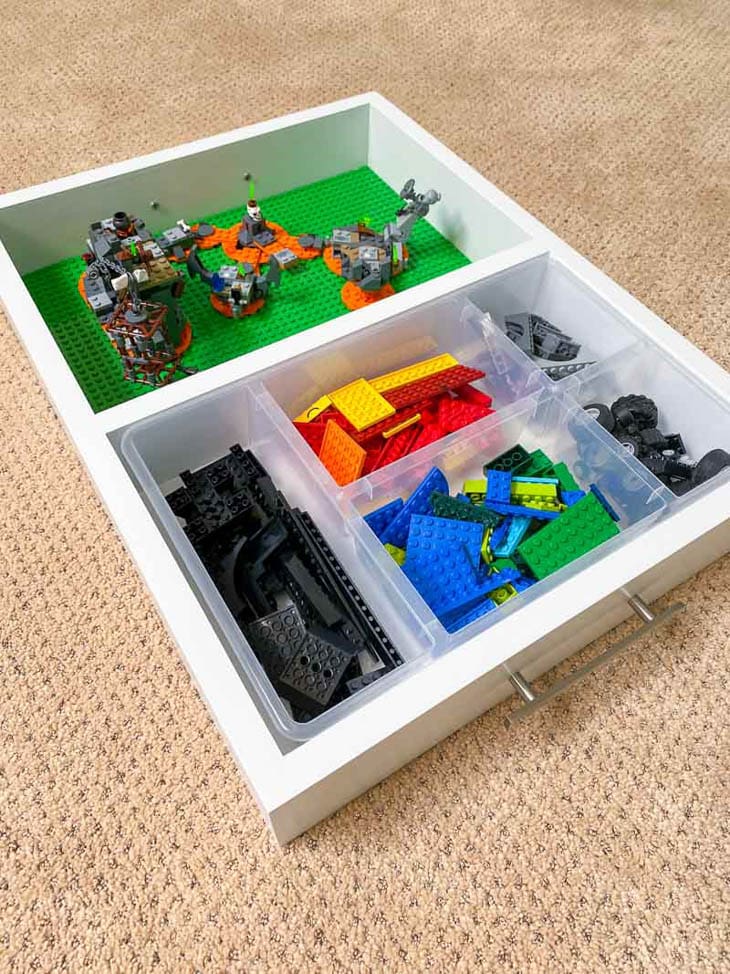 DIY lego tray with play area on one side and storage on the other side