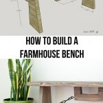 Collage of DIY industrial farmhouse bench sketch with text overlay
