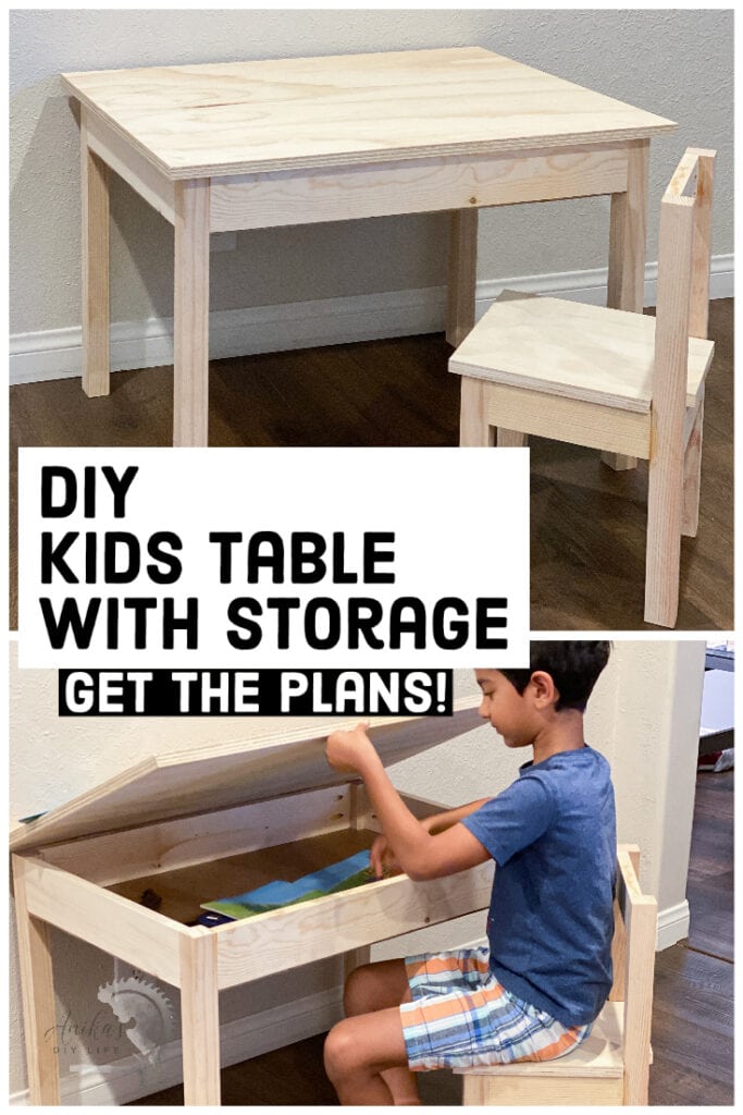 Collage of Kids desk with storage and child opening storage compartment with text overlay