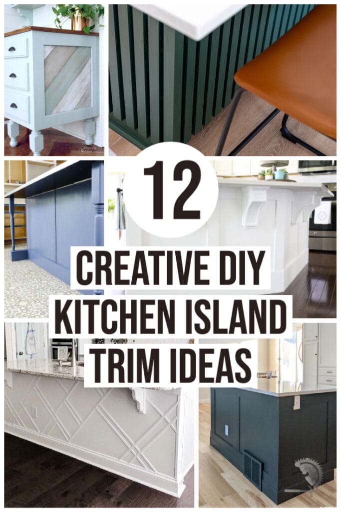 collage of diy kitchen island makeovers with trim with text overlay