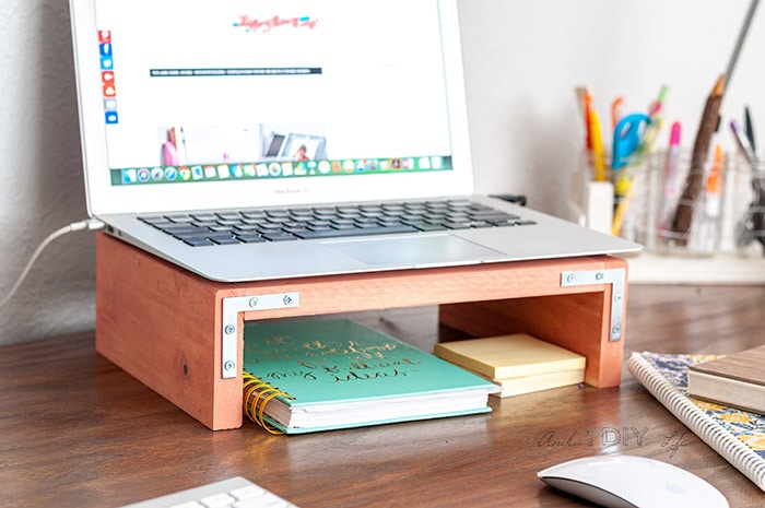 DIY  Wooden Laptop desk stand with post it notes and planner underneath