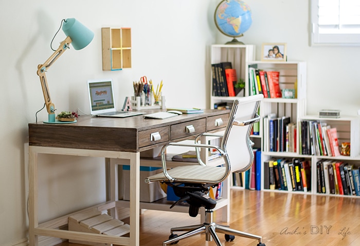 DIY desk and office makeover. Step by step tutorial and plans to make a DIY desk