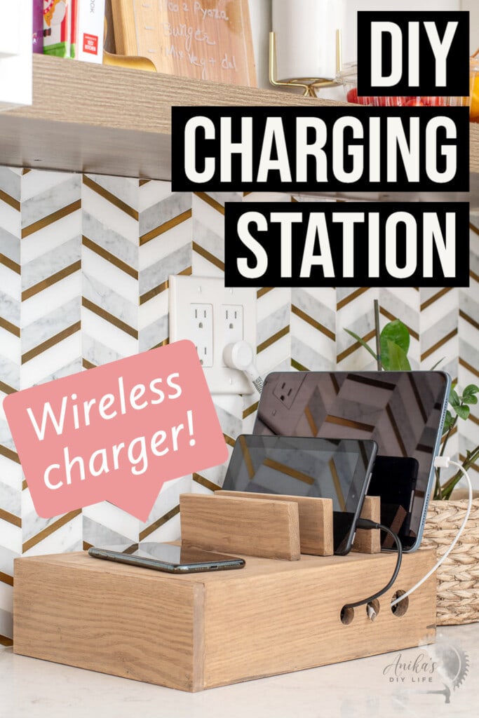 Wooden device charging station on the kitchen counter with devices charging with cords coming from the box . The entire image has text overlay