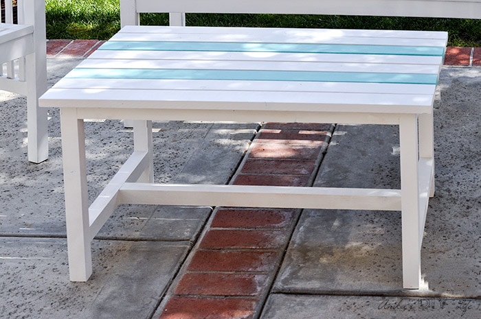 Close up of DIY coffee table on patio