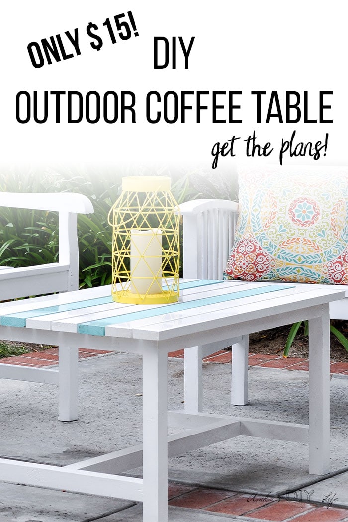 White DIY outdoor coffee table in patio with text overlay