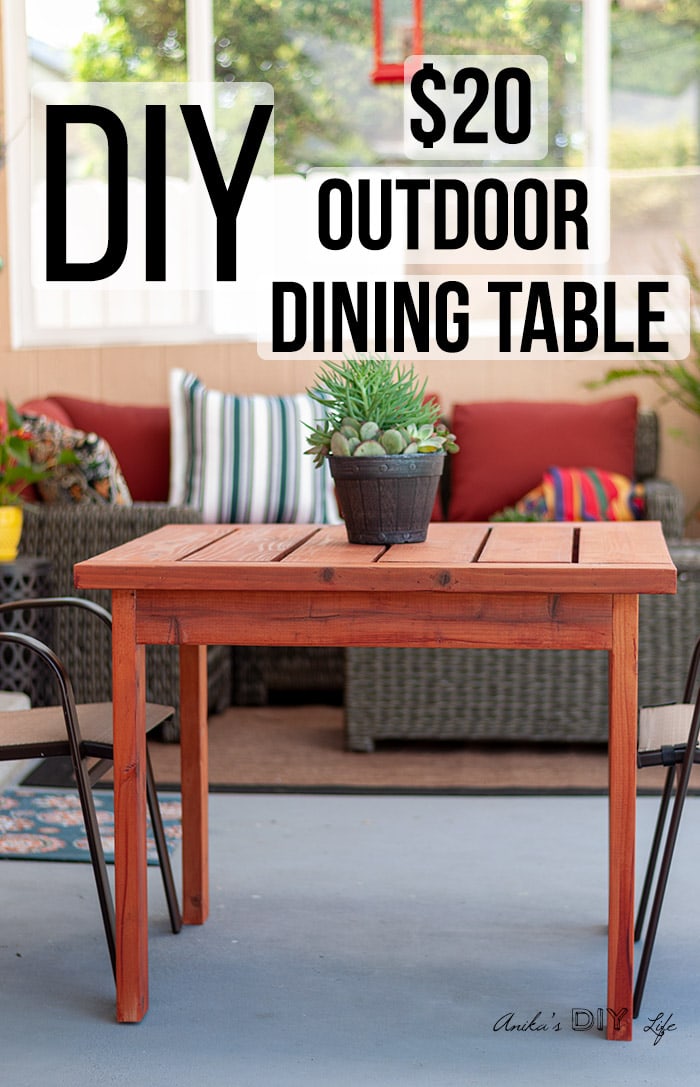 DIY outdoor dining table in patio with text overlay