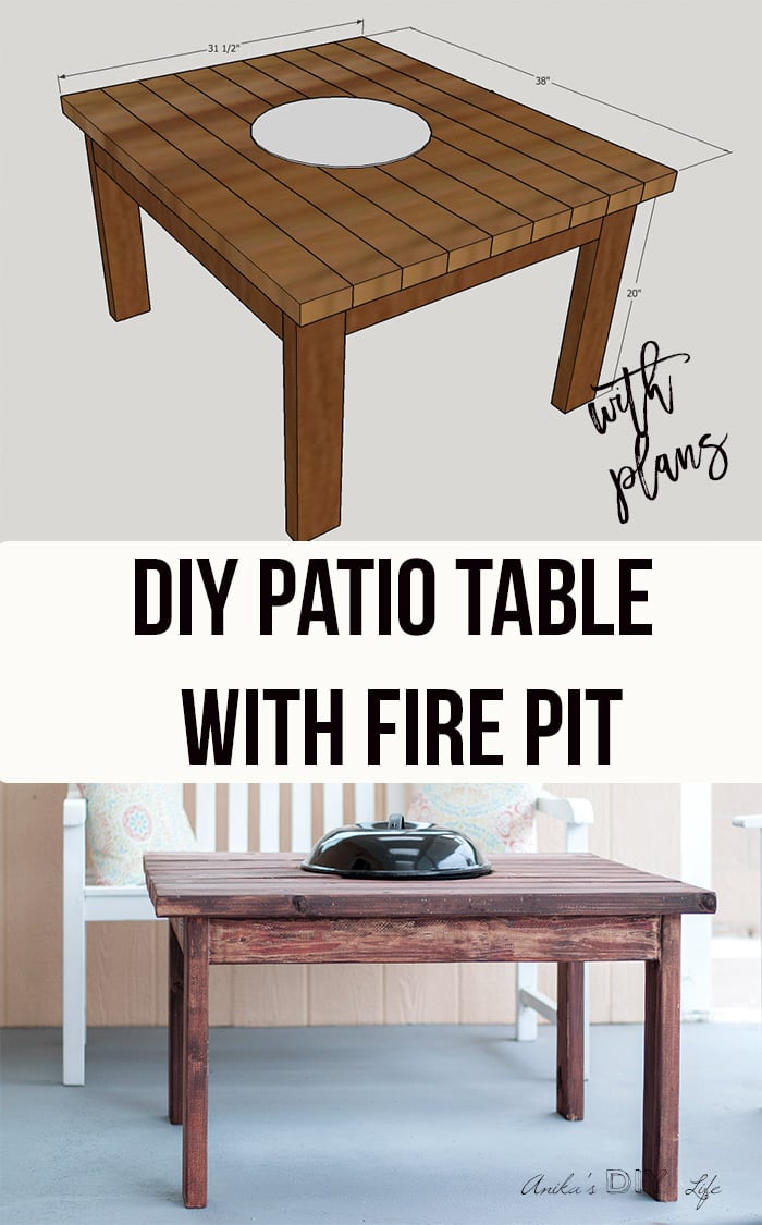 DIY outdoor table with fire pit - collage of schematic and final picture with text overlay. 