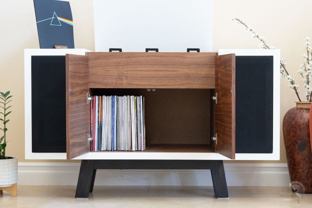 DIY record Player cabinet with storage with all doors open in living room
