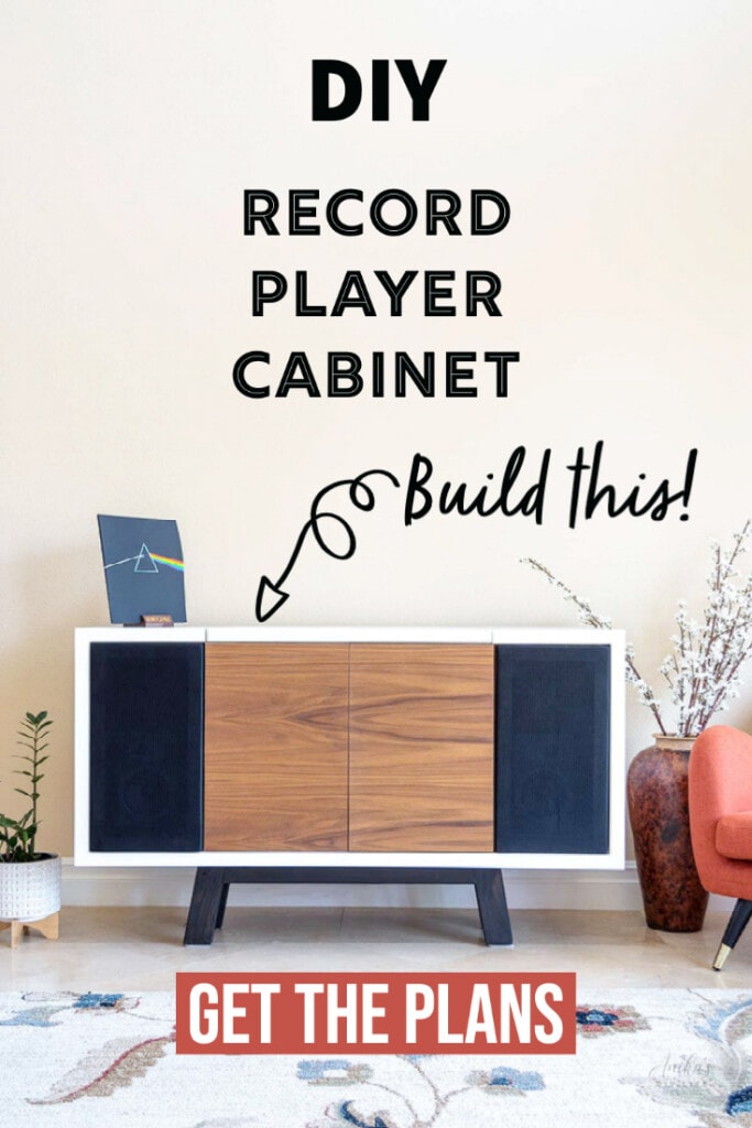 DIY mid century modern  record player cabinet with text overlay 