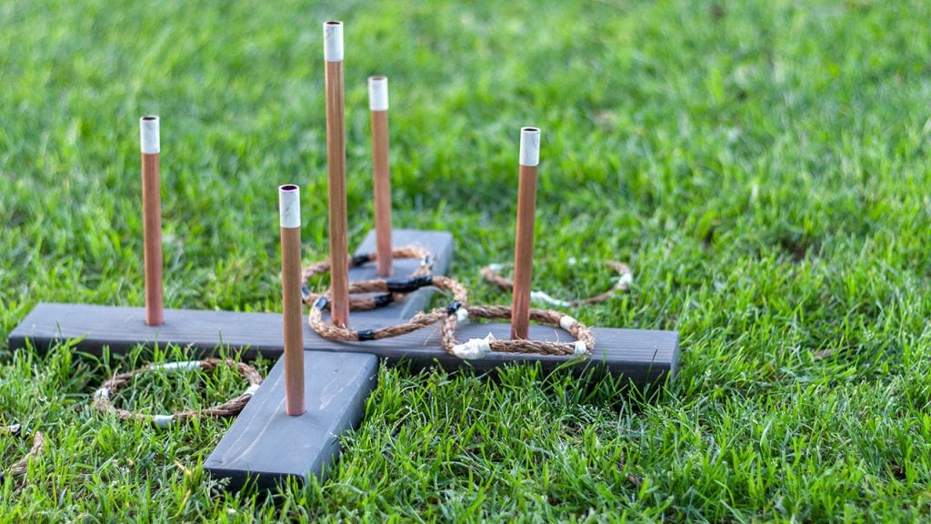 Learn how to make a simple DIY ring toss game with step by step tutorial, printable instructions, and video. This classy take on the traditional carnival game is also easy to dismantle and store away when not in use.