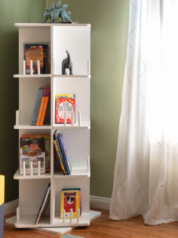 Learn how to build a DIY rotating bookcase which is perfect for lots of storage in the corner of a room with the full tutorial and plans.