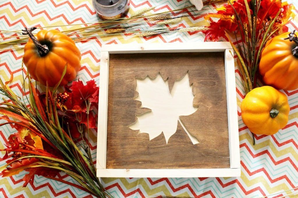 fall leaf sign made from scrap plywood and framed