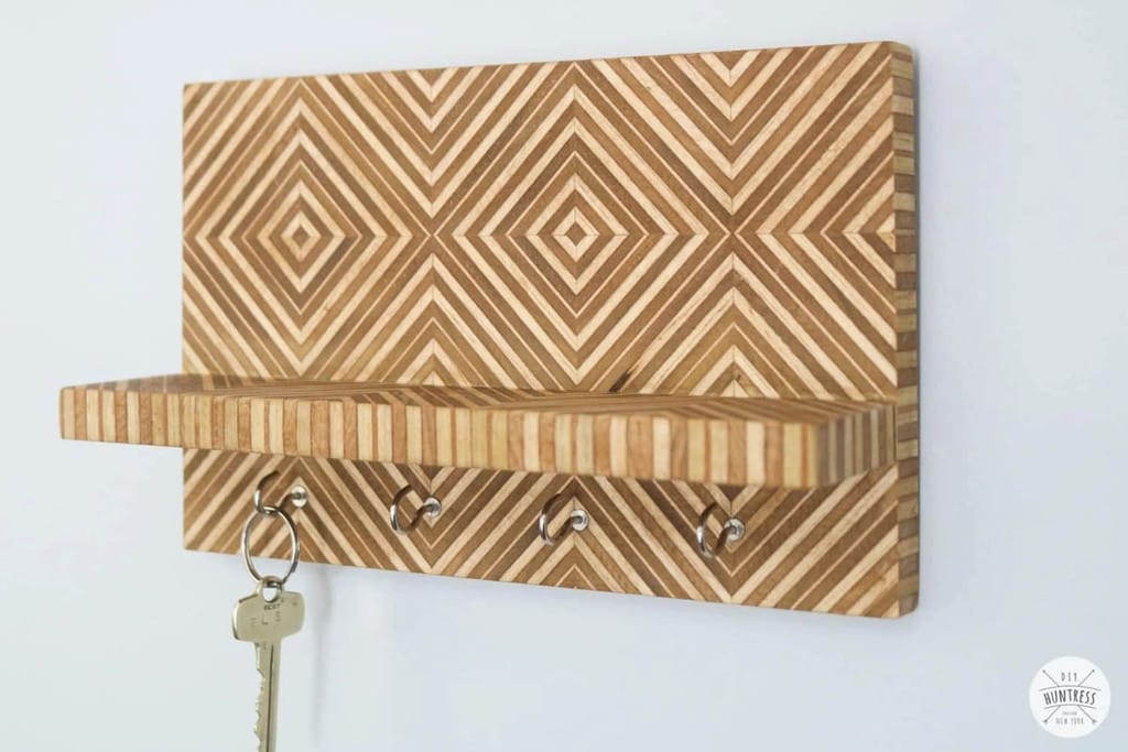 key holder with shelf made from scrap plywood with a chevron pattern