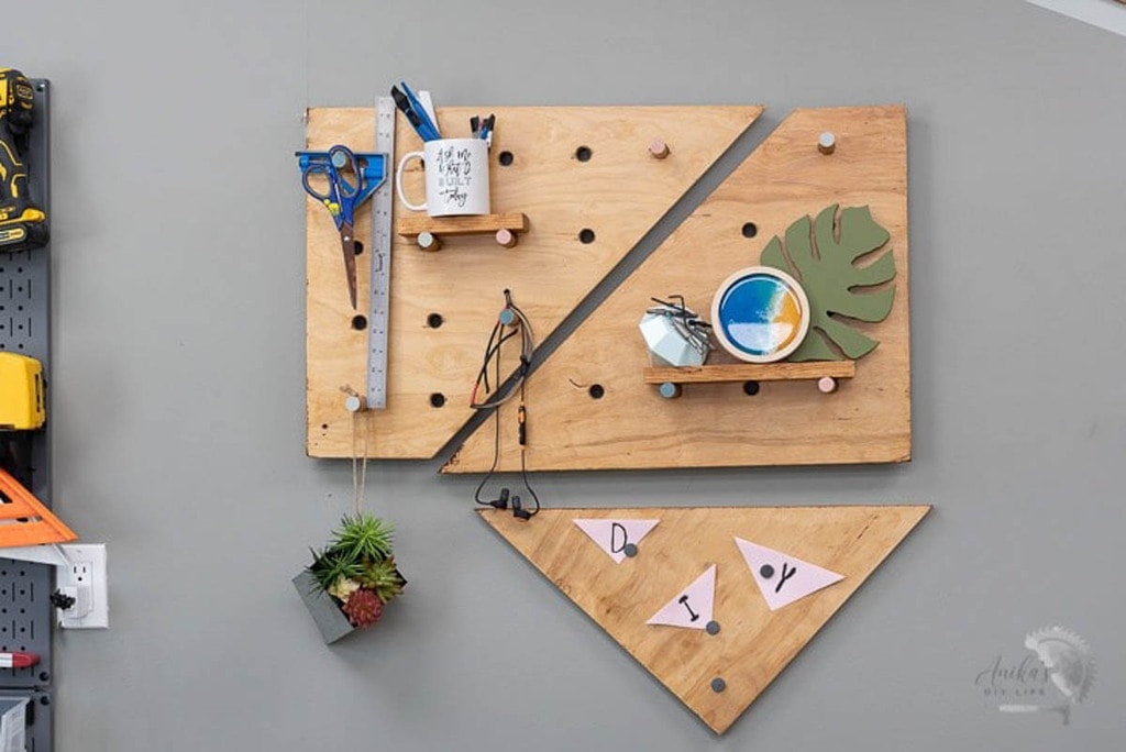 Pegboard made from scrap wood in three geometric sections