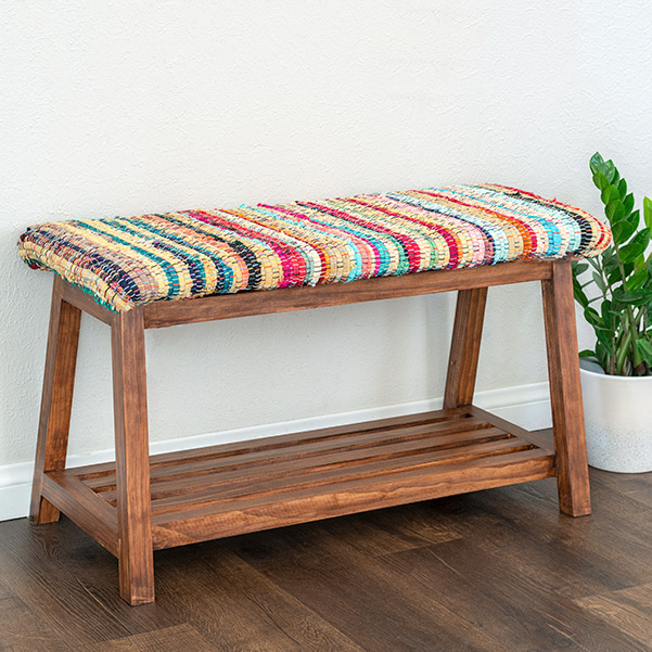 Build a simple yet modern A-frame DIY upholstered bench with shoe storage underneath with easy to follow plans and tutorial!